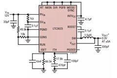 高效率、15V 軌至軌輸出同步降壓型穩壓器能提供或吸收 5A